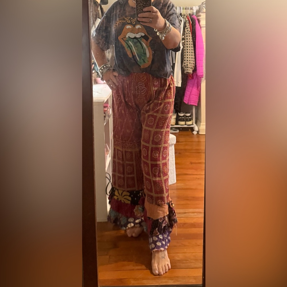 Bohemian Wide-Leg Patchwork Pants in Rust Red